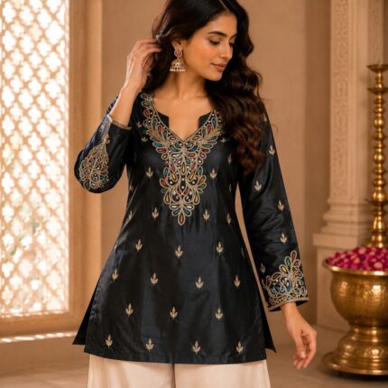Premium Black Gajji Silk Long Blouse with Handwork