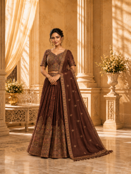Premium Dark Brown Lehenga Choli with Heavy Zari and Artisanal Handwork