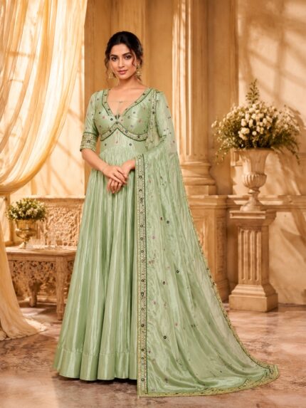 Silk material Sabha style Mint Green long gown with real mirror handwork