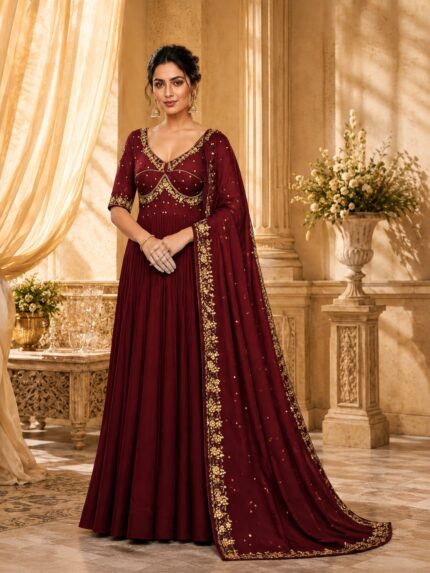 Heavy Georgette Maroon color Sabhya style Long Gown with premium Handwork Front back and Sleeves