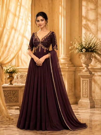 Heavy georgette Sabyasachi style chocolate brown color handwork long gown