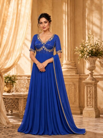 Heavy georgette sabya style royal blue long gown with handwork cutdana