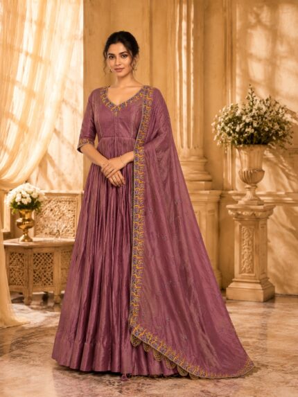 Tissue material Onion Pink color with premium handwork long gown with fully handwork Dupatta