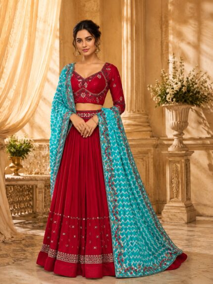 Beautiful red handwork chaniya choli with skyblue zig zag handwork dupatta