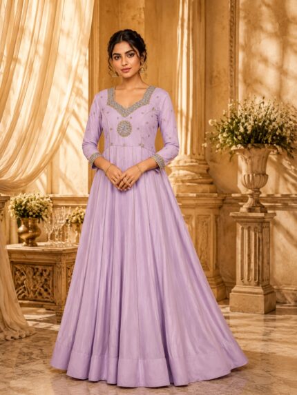 Heavy georgette lavender handwork long gown