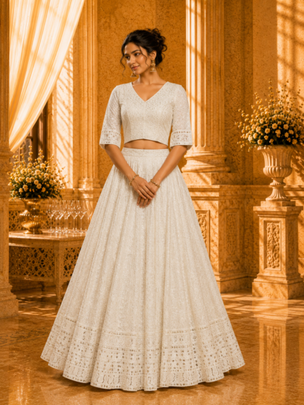 Heavy georgette Off white Lakhnavi skirt and crop top