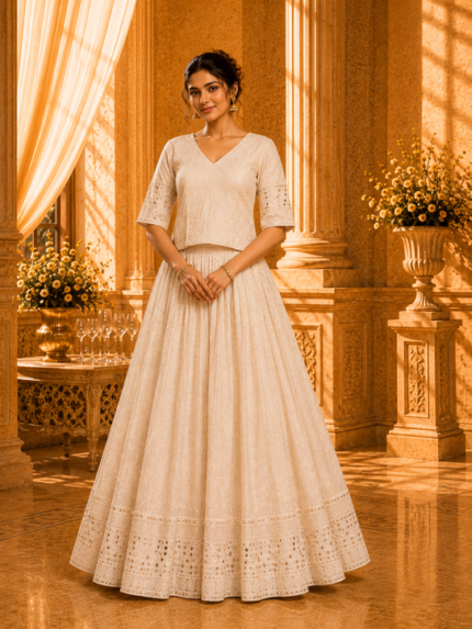Heavy georgette off white Lakhnavi skirt and long blouse